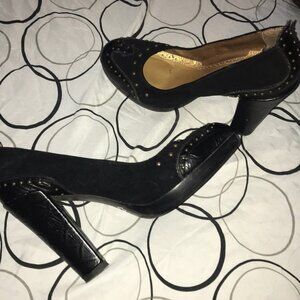 Sam Edelman Shoes Women's 8.5 Narrow Heel 3.5'' Black Suede/ Leather Studs EUC